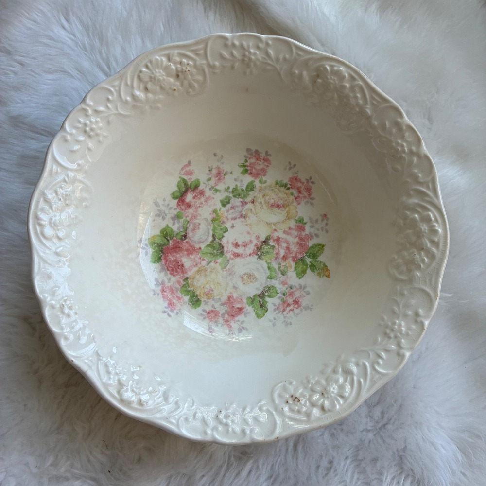 Edwin M Knowles Antique Floral Rose Scalloped Bowl 1930s Cottagecore 8.5 inch